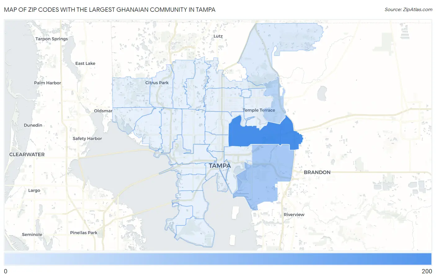 Zip Codes with the Largest Ghanaian Community in Tampa Map