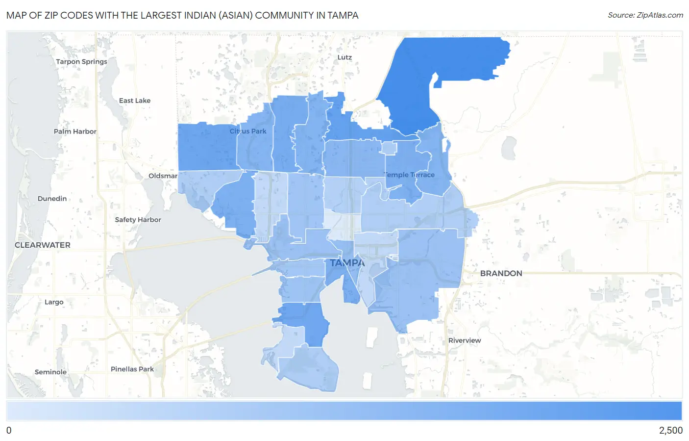 Zip Codes with the Largest Indian (Asian) Community in Tampa Map