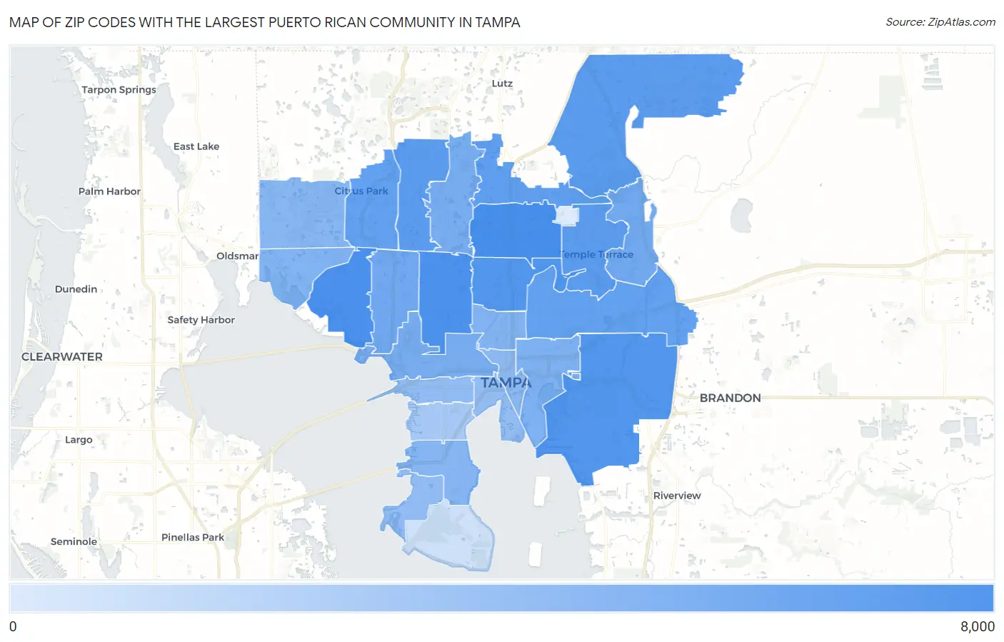 Zip Codes with the Largest Puerto Rican Community in Tampa Map