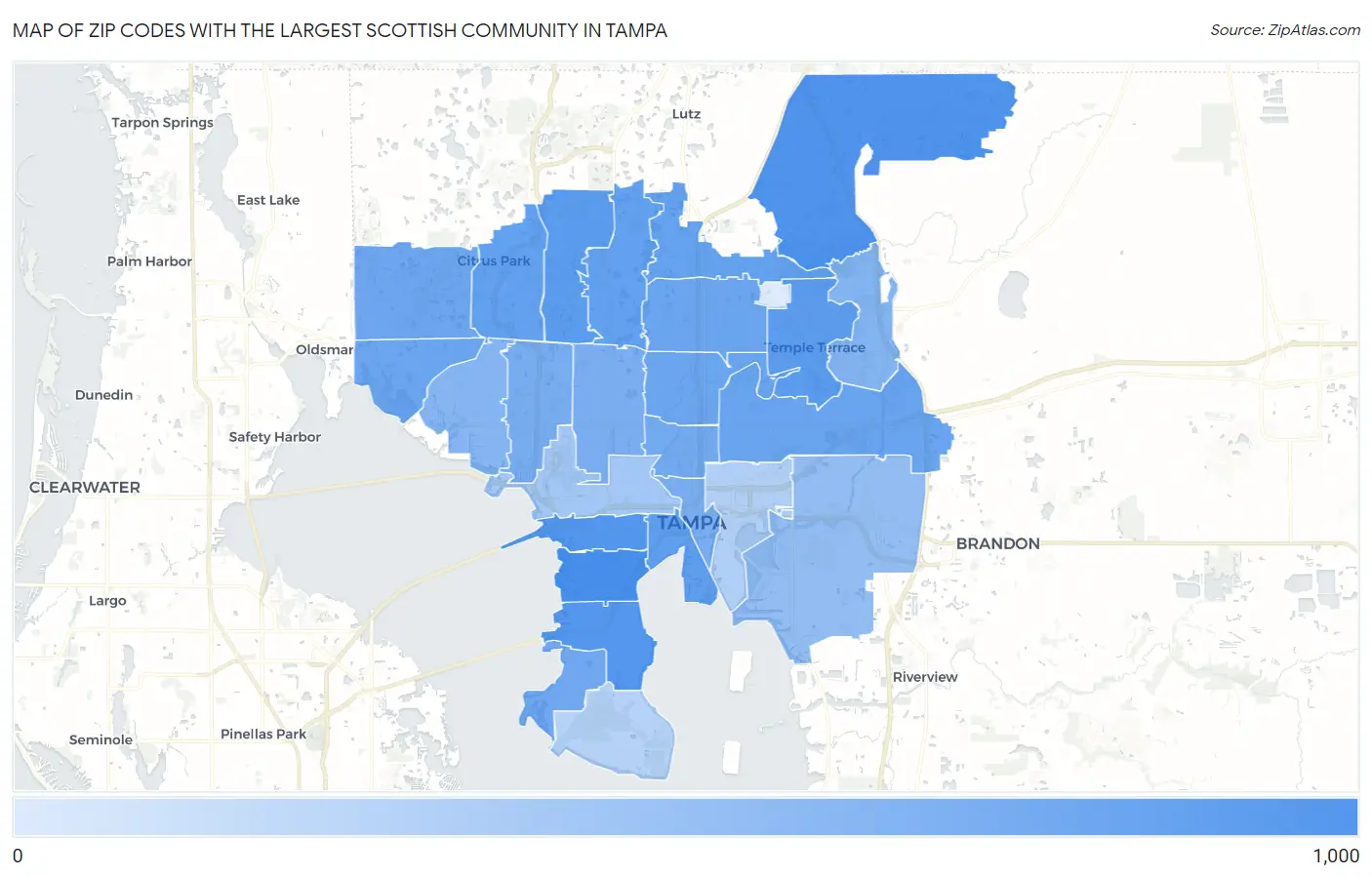 Zip Codes with the Largest Scottish Community in Tampa Map