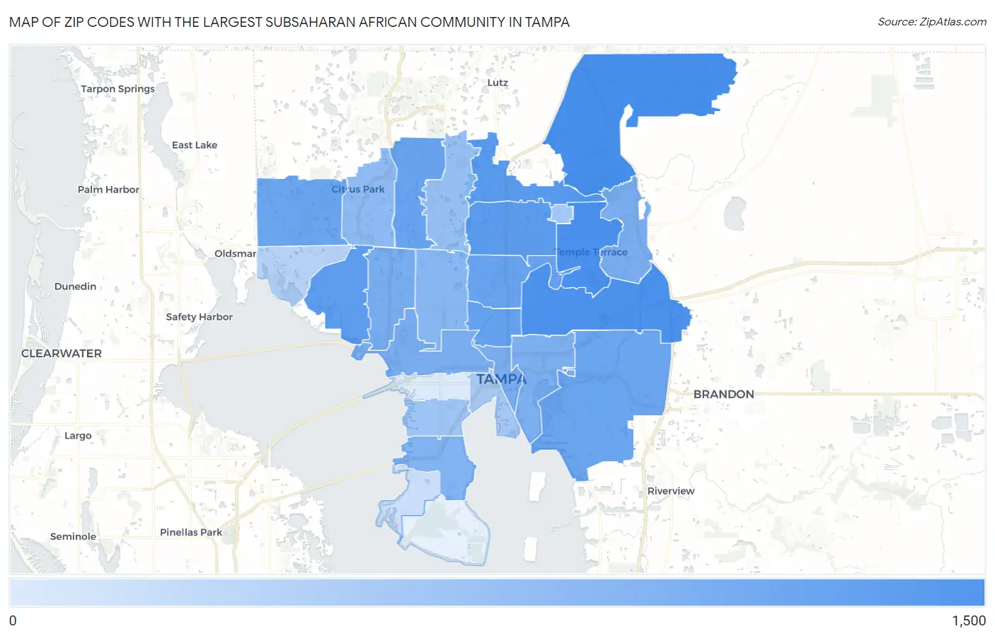 Zip Codes with the Largest Subsaharan African Community in Tampa Map