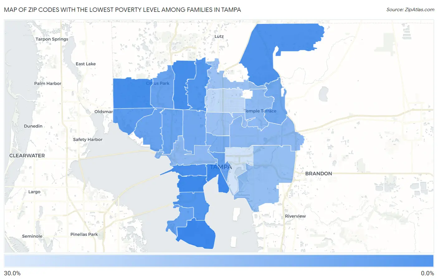 Zip Codes with the Lowest Poverty Level Among Families in Tampa Map
