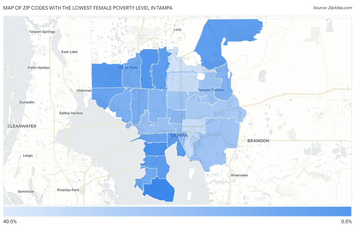 Zip Codes with the Lowest Female Poverty Level in Tampa Map