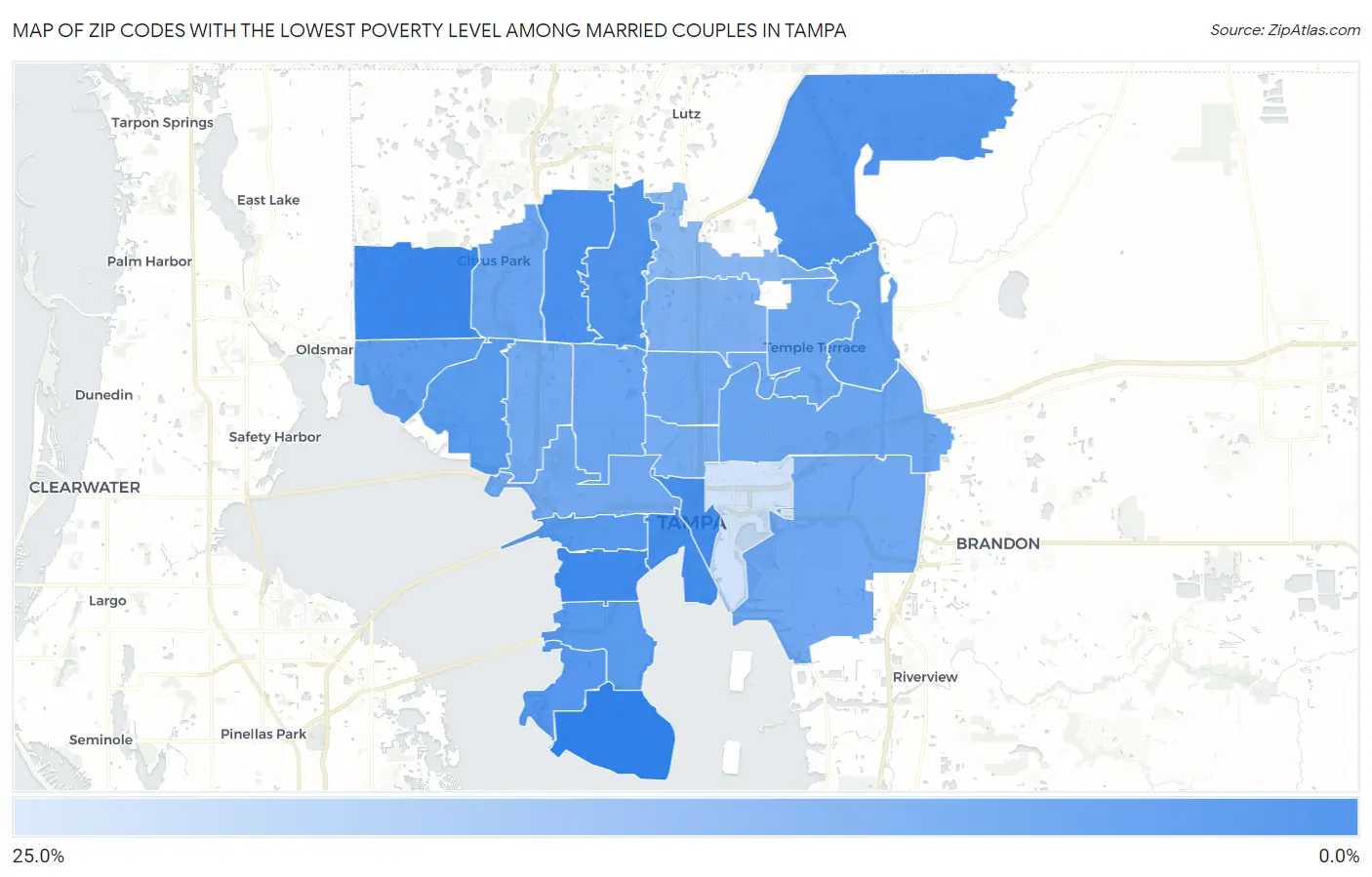 Zip Codes with the Lowest Poverty Level Among Married Couples in Tampa Map