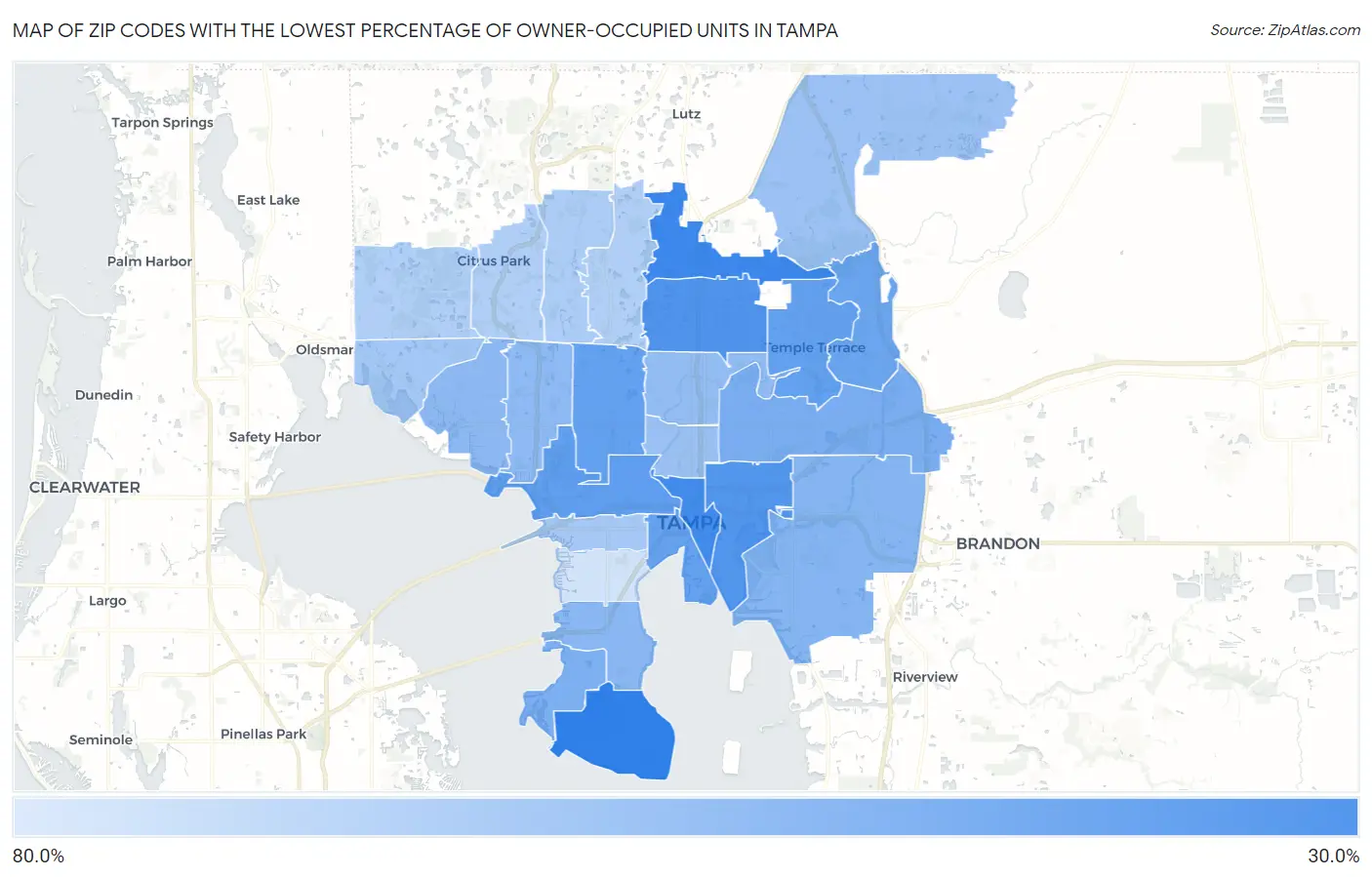Zip Codes with the Lowest Percentage of Owner-Occupied Units in Tampa Map