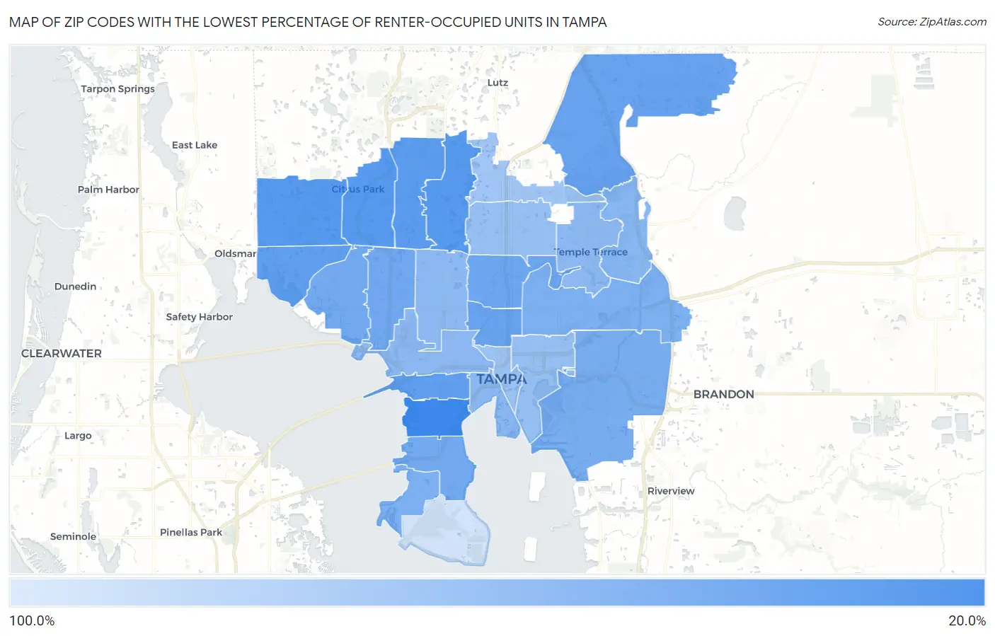 Zip Codes with the Lowest Percentage of Renter-Occupied Units in Tampa Map