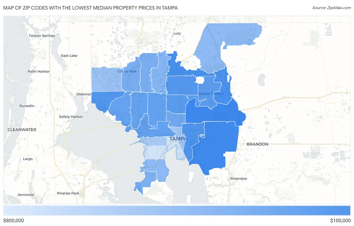 Zip Codes with the Lowest Median Property Prices in Tampa Map