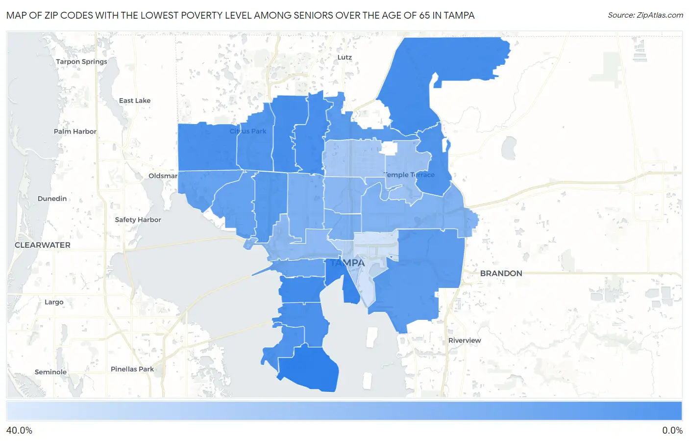 Zip Codes with the Lowest Poverty Level Among Seniors Over the Age of 65 in Tampa Map