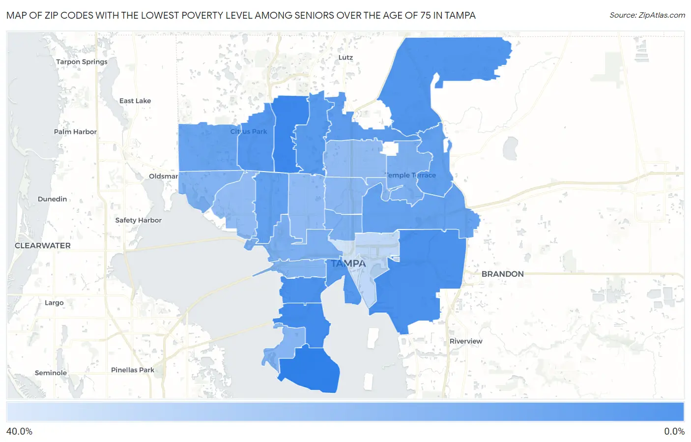 Zip Codes with the Lowest Poverty Level Among Seniors Over the Age of 75 in Tampa Map