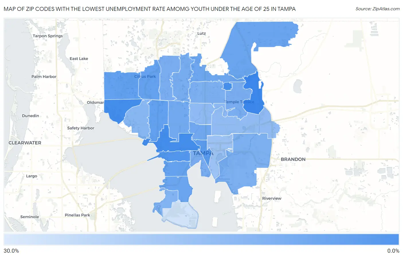 Zip Codes with the Lowest Unemployment Rate Amomg Youth Under the Age of 25 in Tampa Map