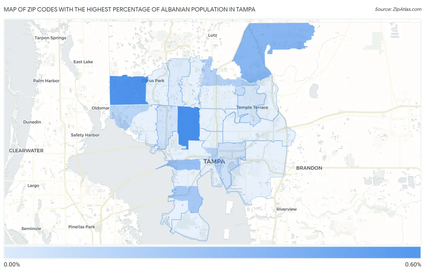 Zip Codes with the Highest Percentage of Albanian Population in Tampa Map