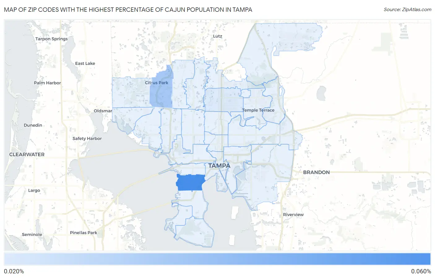 Zip Codes with the Highest Percentage of Cajun Population in Tampa Map