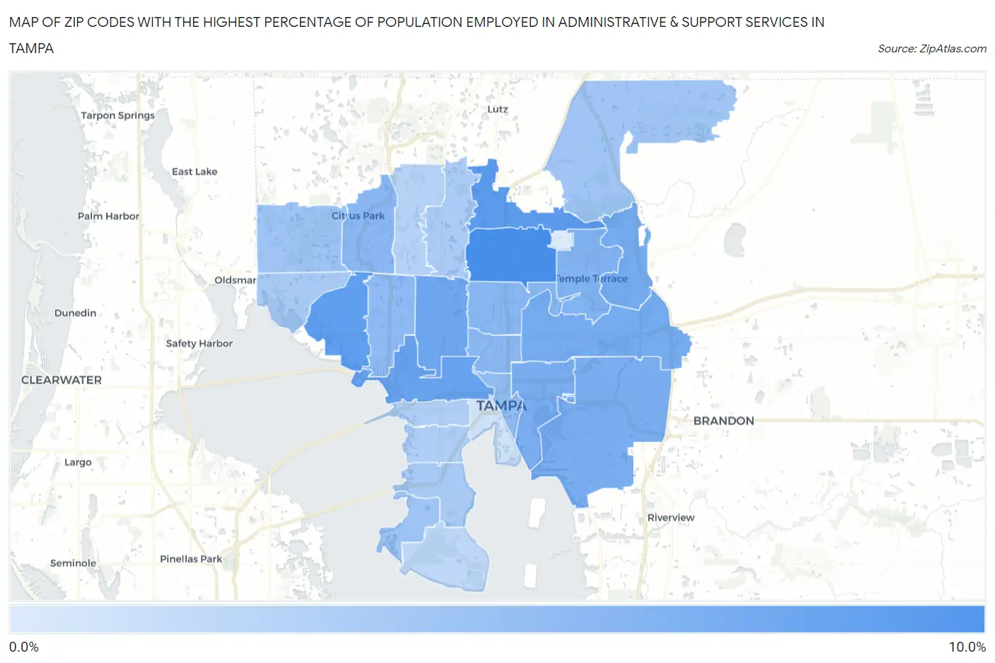Zip Codes with the Highest Percentage of Population Employed in Administrative & Support Services in Tampa Map