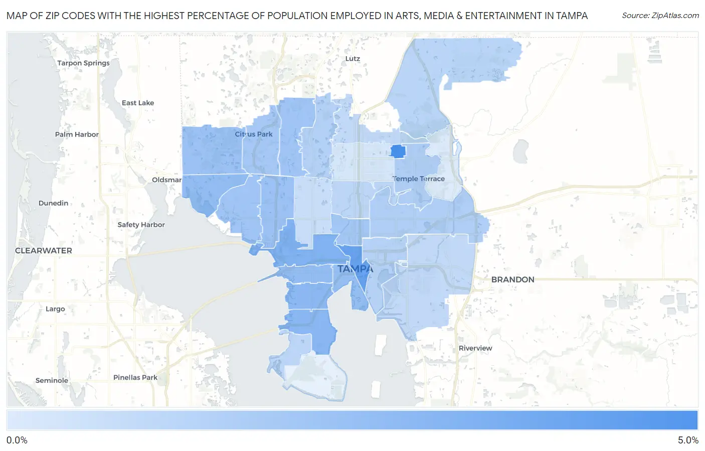 Zip Codes with the Highest Percentage of Population Employed in Arts, Media & Entertainment in Tampa Map