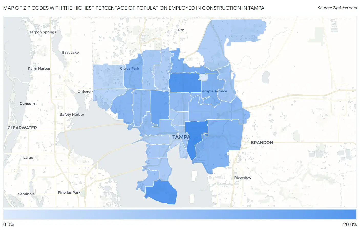 Zip Codes with the Highest Percentage of Population Employed in Construction in Tampa Map