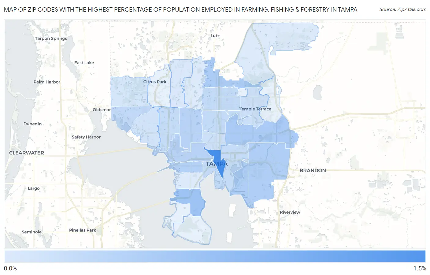 Zip Codes with the Highest Percentage of Population Employed in Farming, Fishing & Forestry in Tampa Map