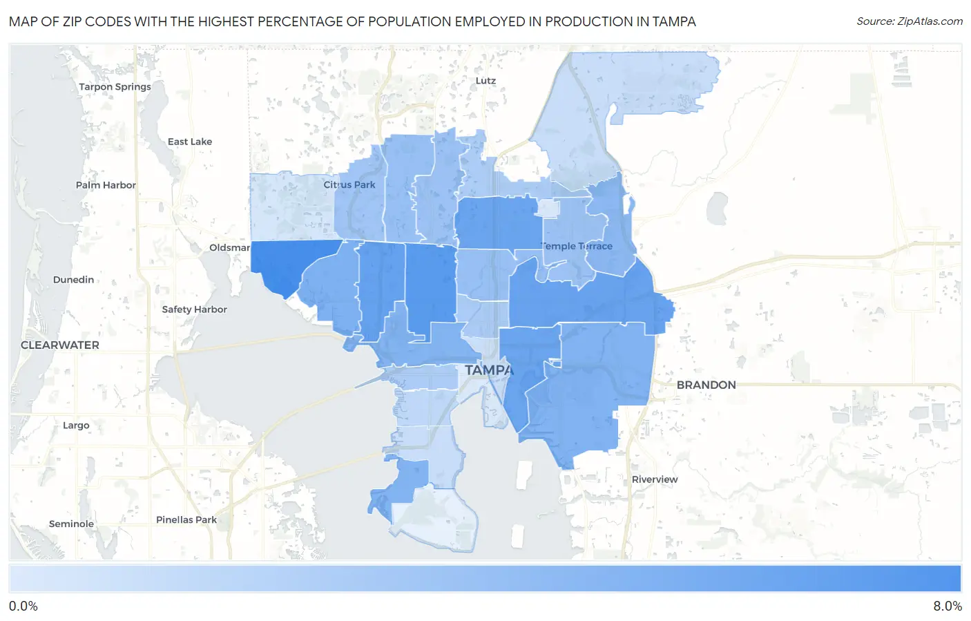 Zip Codes with the Highest Percentage of Population Employed in Production in Tampa Map