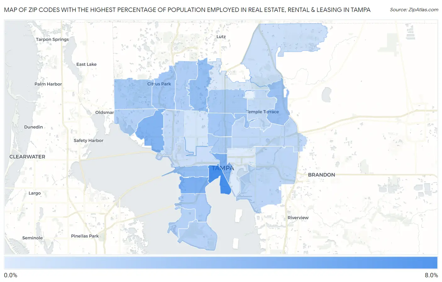 Zip Codes with the Highest Percentage of Population Employed in Real Estate, Rental & Leasing in Tampa Map