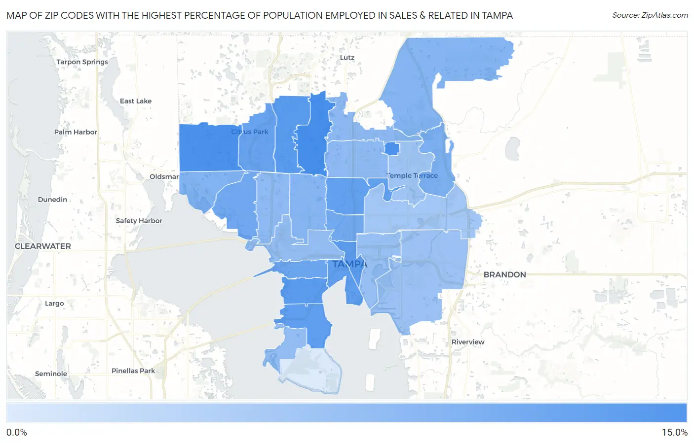 Zip Codes with the Highest Percentage of Population Employed in Sales & Related in Tampa Map