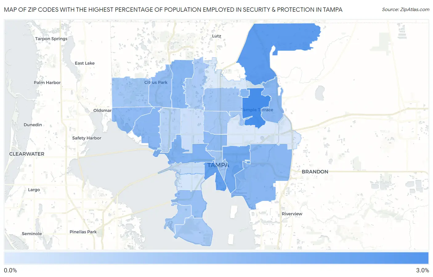 Zip Codes with the Highest Percentage of Population Employed in Security & Protection in Tampa Map