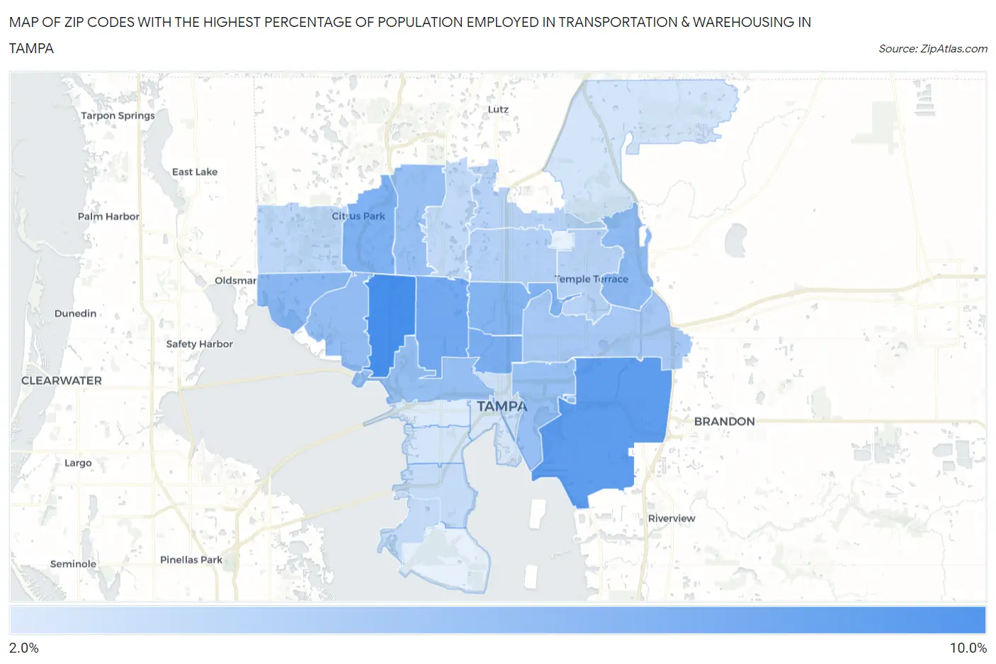 Zip Codes with the Highest Percentage of Population Employed in Transportation & Warehousing in Tampa Map