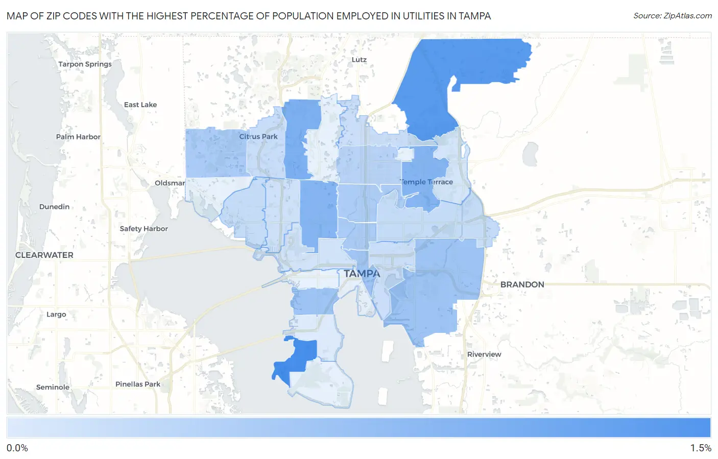 Zip Codes with the Highest Percentage of Population Employed in Utilities in Tampa Map