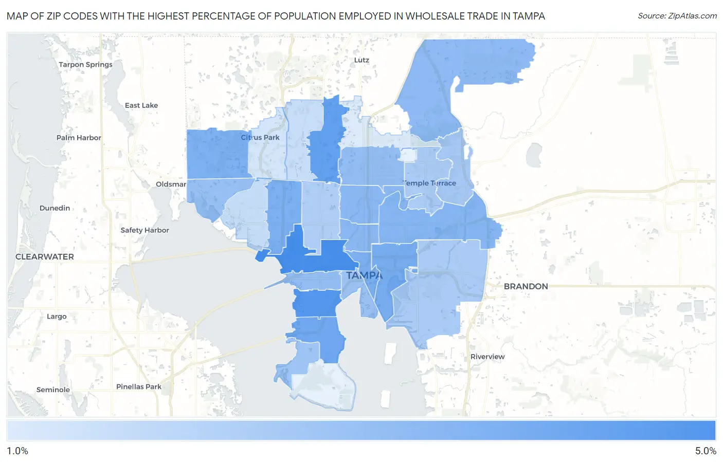 Zip Codes with the Highest Percentage of Population Employed in Wholesale Trade in Tampa Map