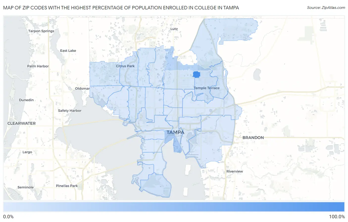 Zip Codes with the Highest Percentage of Population Enrolled in College in Tampa Map