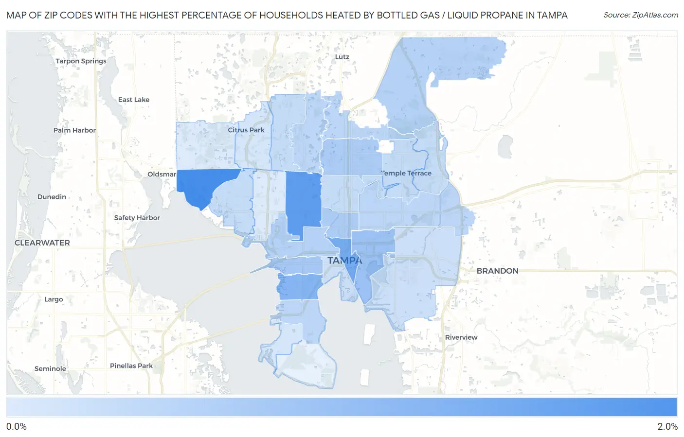 Zip Codes with the Highest Percentage of Households Heated by Bottled Gas / Liquid Propane in Tampa Map