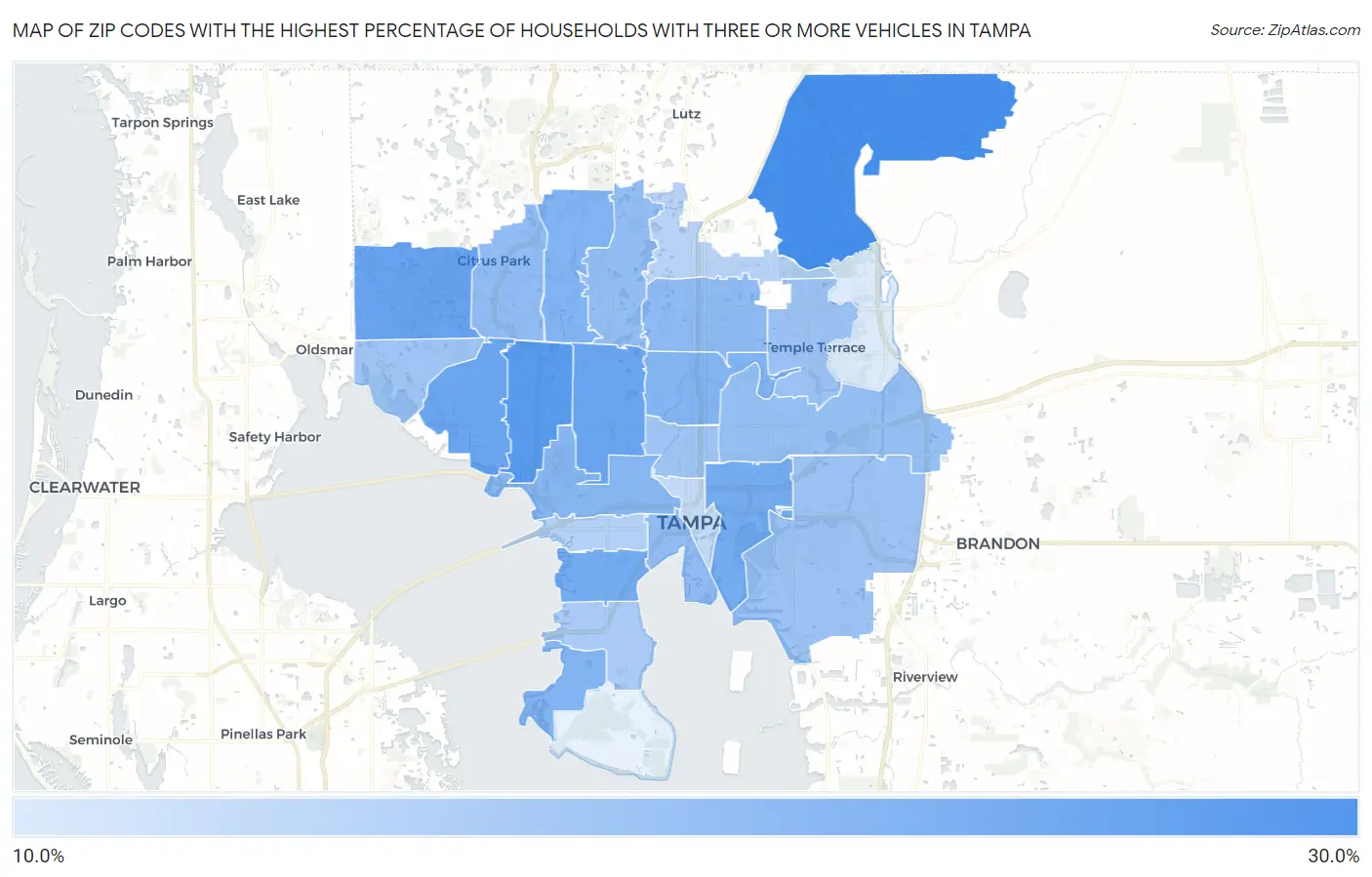 Zip Codes with the Highest Percentage of Households With Three or more Vehicles in Tampa Map