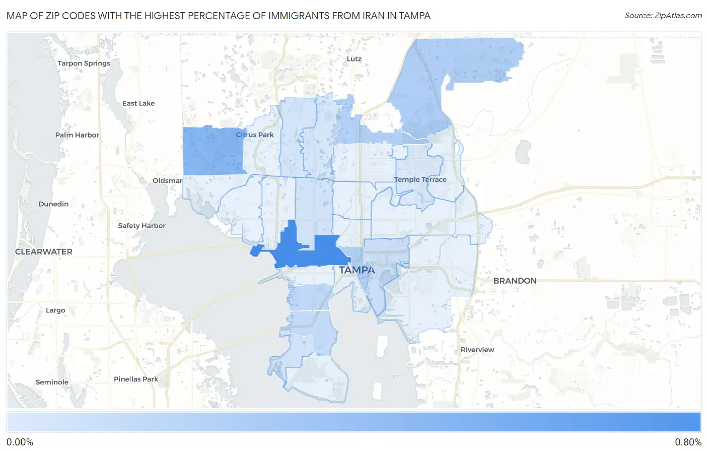 Zip Codes with the Highest Percentage of Immigrants from Iran in Tampa Map