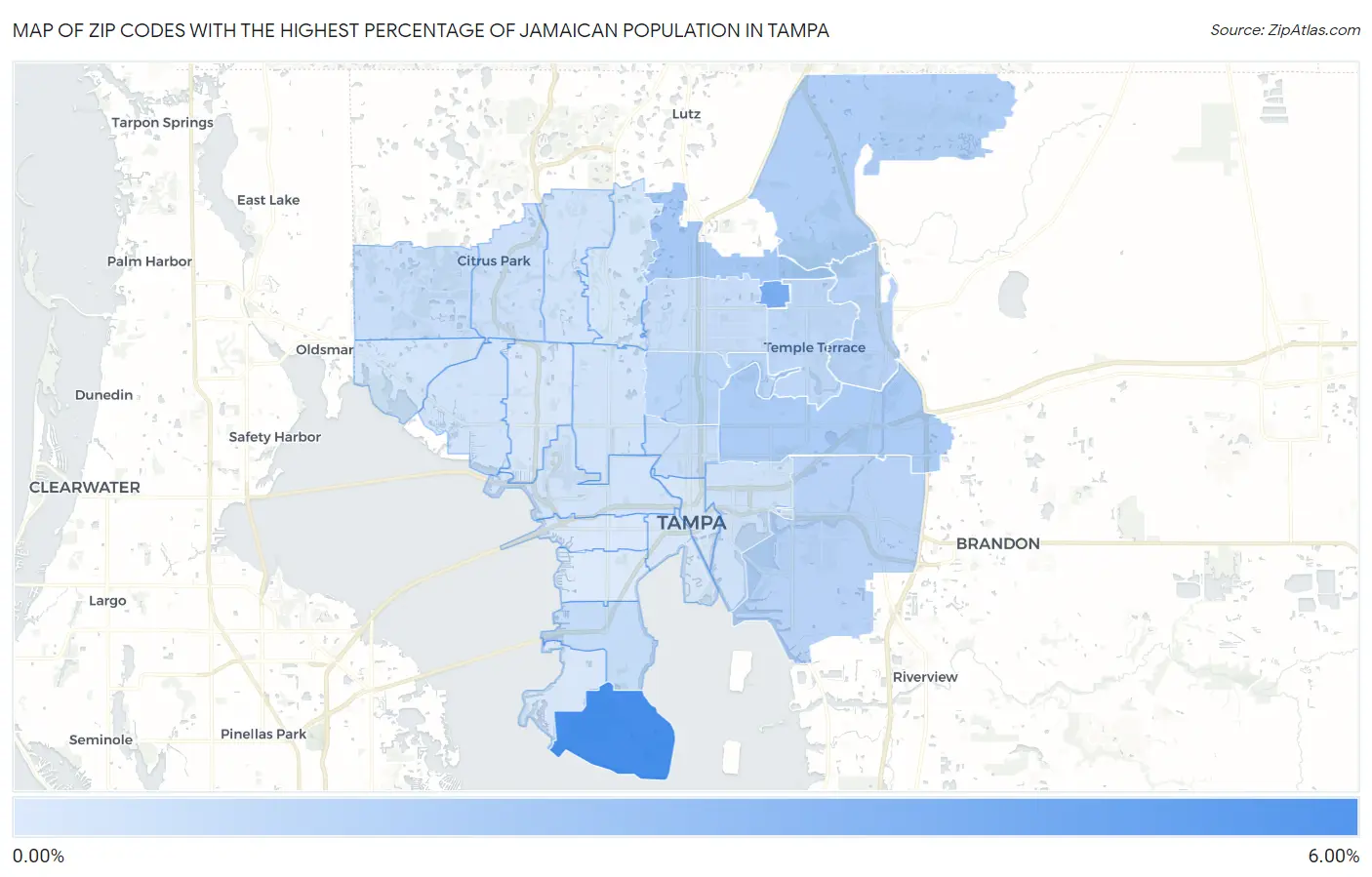 Zip Codes with the Highest Percentage of Jamaican Population in Tampa Map