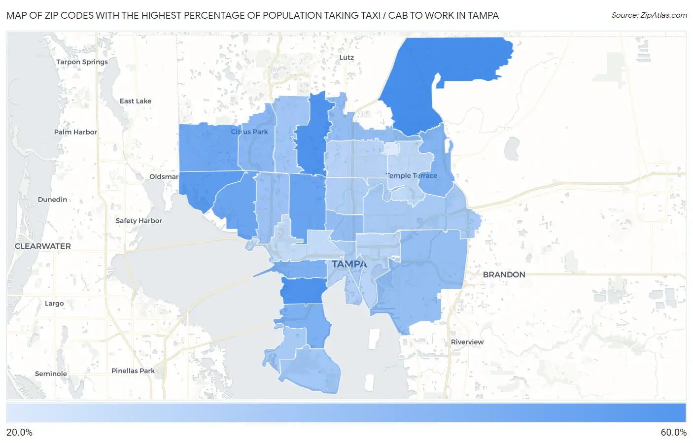 Zip Codes with the Highest Percentage of Population Taking Taxi / Cab to Work in Tampa Map
