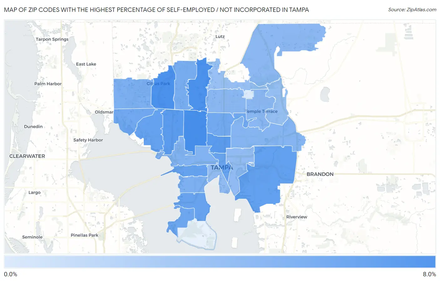 Zip Codes with the Highest Percentage of Self-Employed / Not Incorporated in Tampa Map