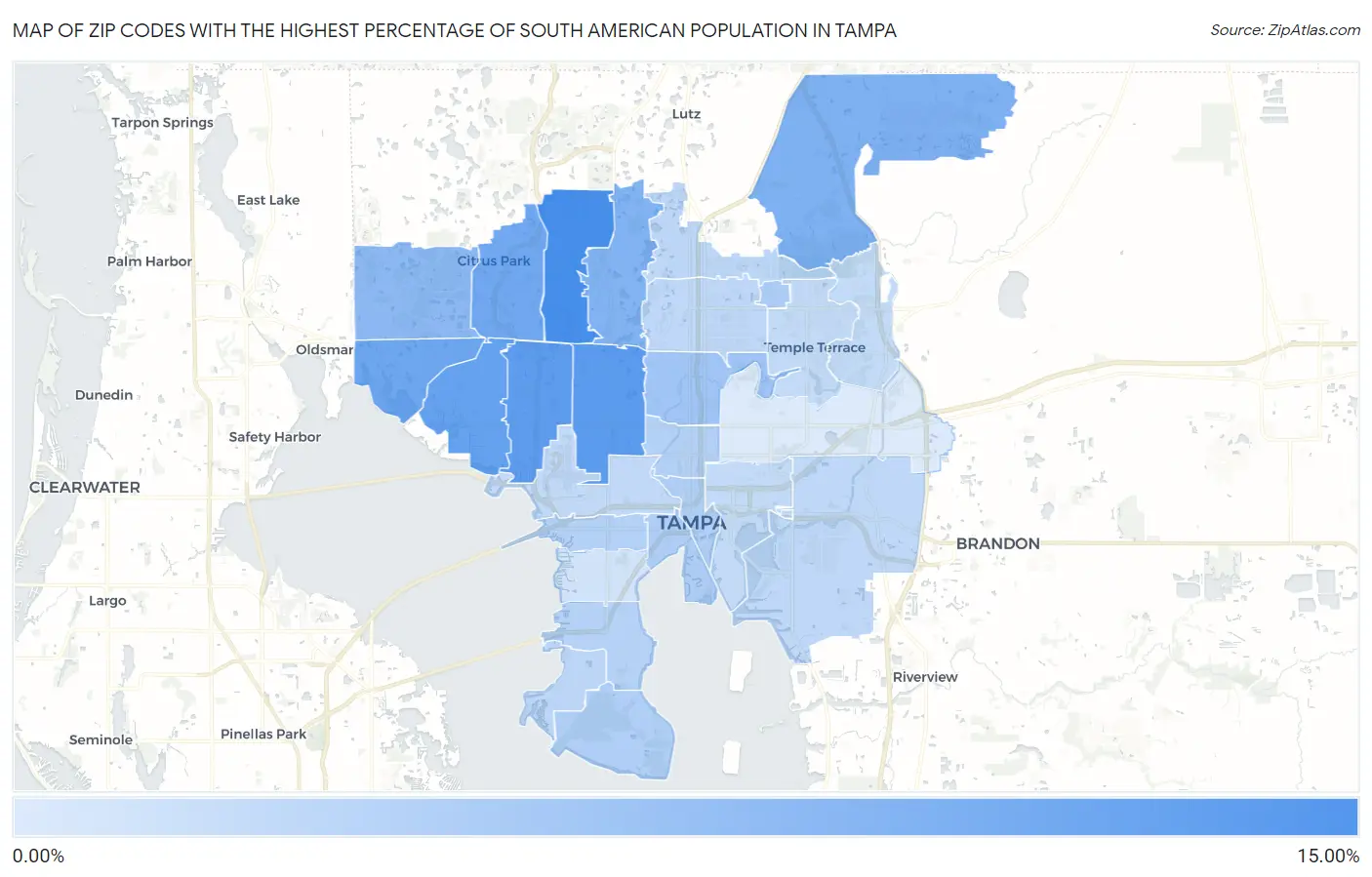 Zip Codes with the Highest Percentage of South American Population in Tampa Map