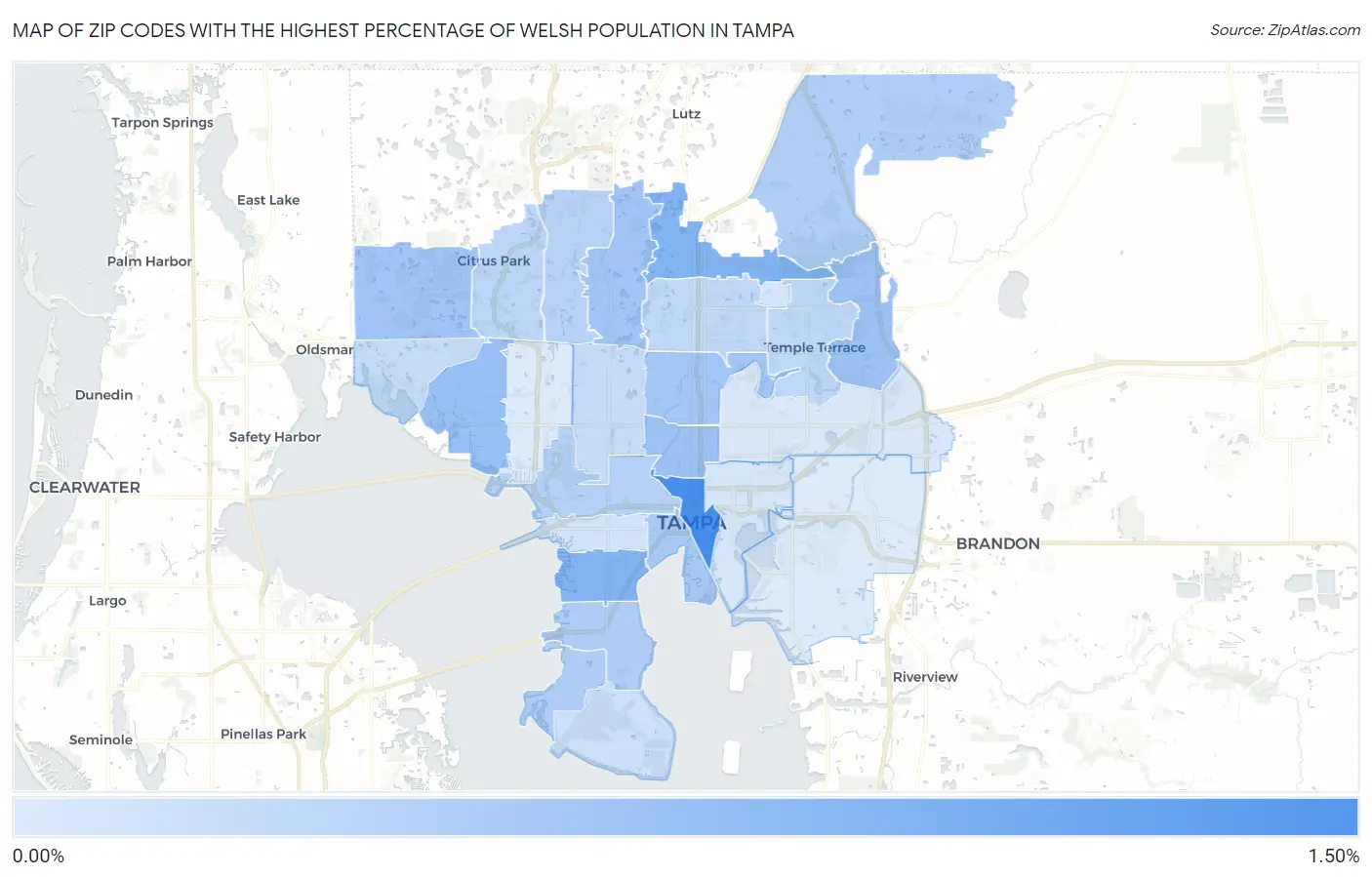 Zip Codes with the Highest Percentage of Welsh Population in Tampa Map