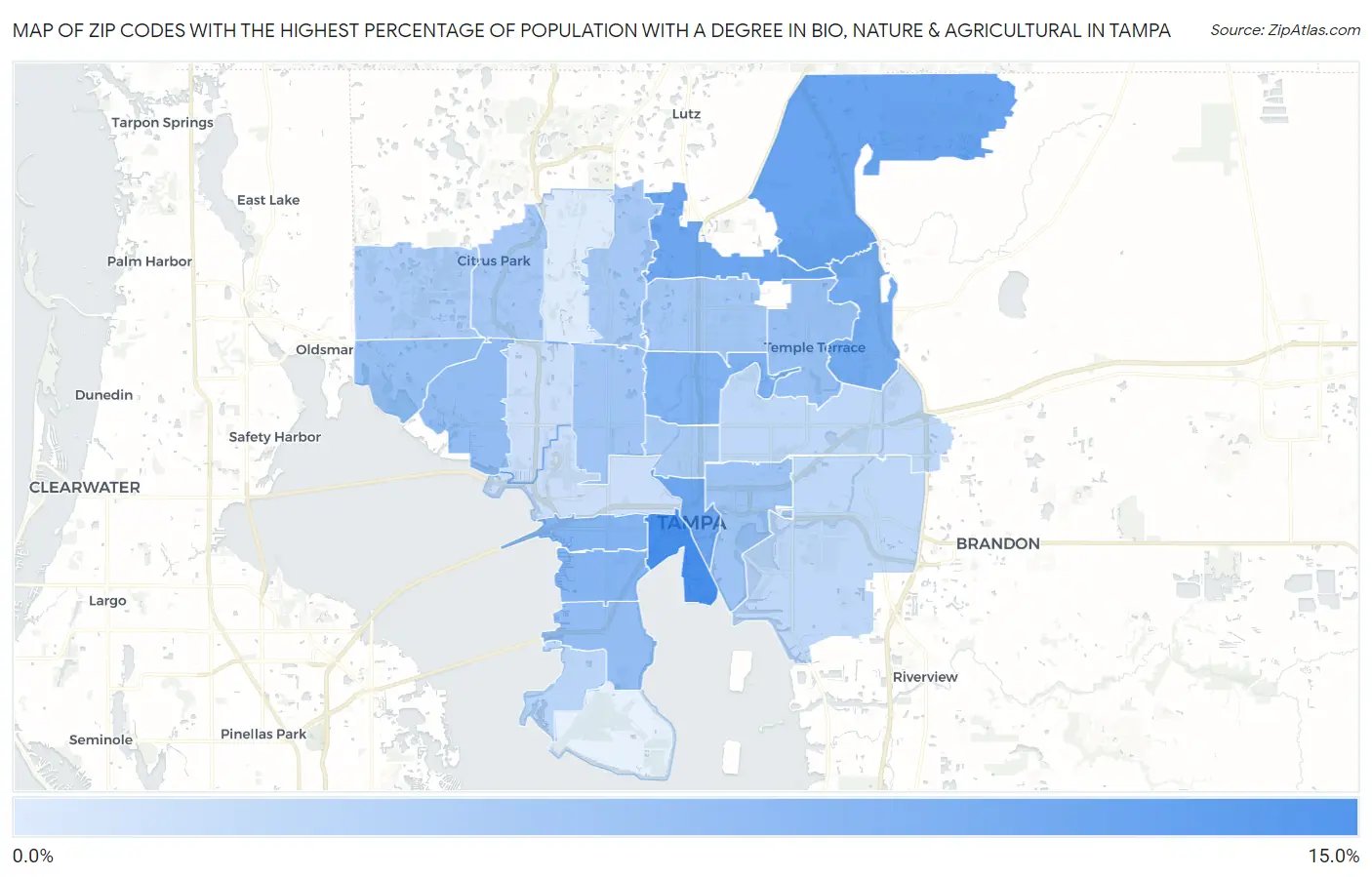 Zip Codes with the Highest Percentage of Population with a Degree in Bio, Nature & Agricultural in Tampa Map