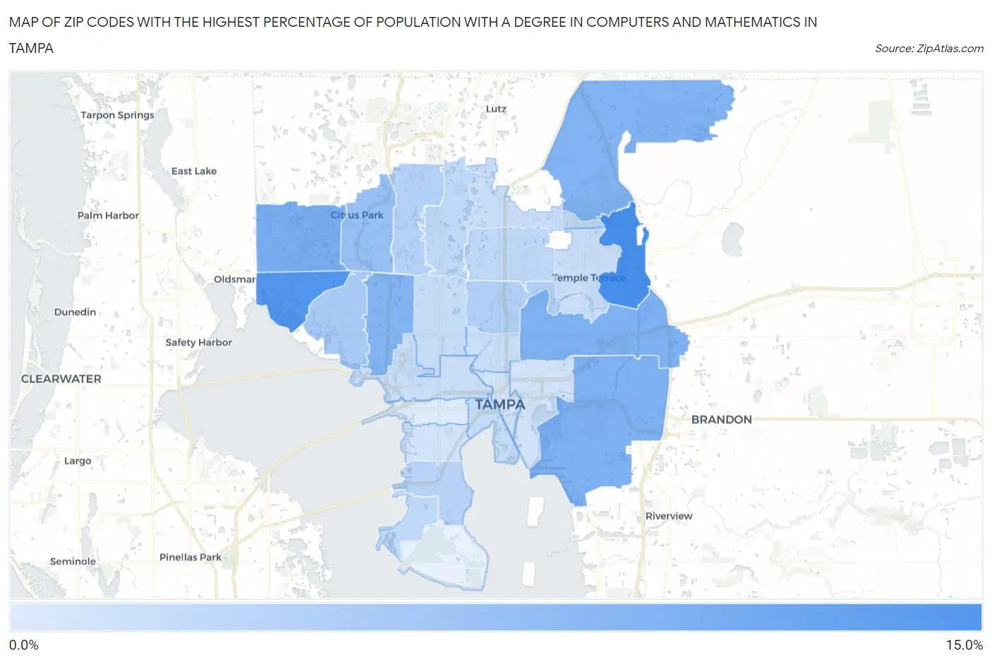 Zip Codes with the Highest Percentage of Population with a Degree in Computers and Mathematics in Tampa Map