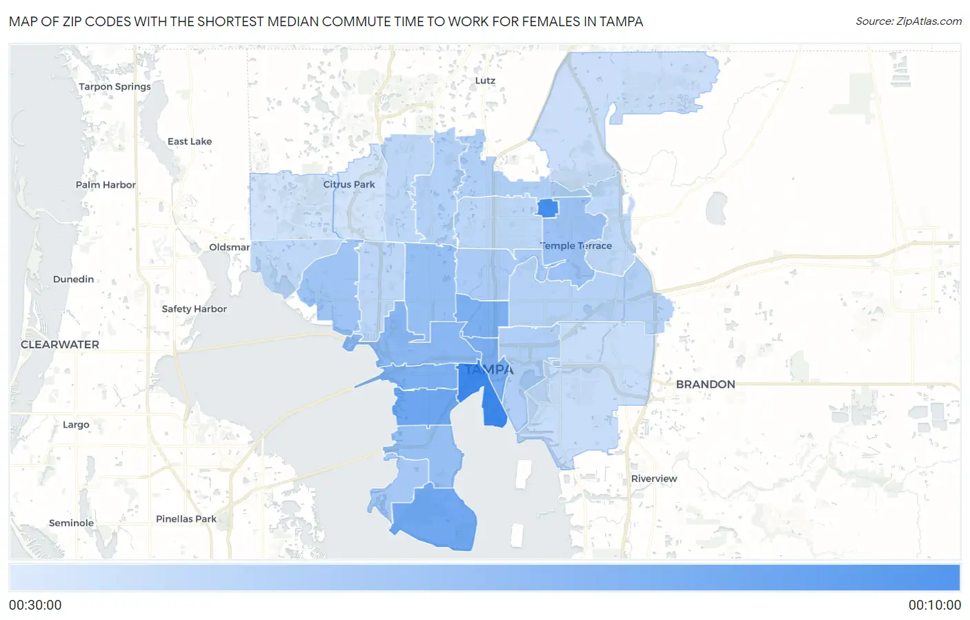 Zip Codes with the Shortest Median Commute Time to Work for Females in Tampa Map