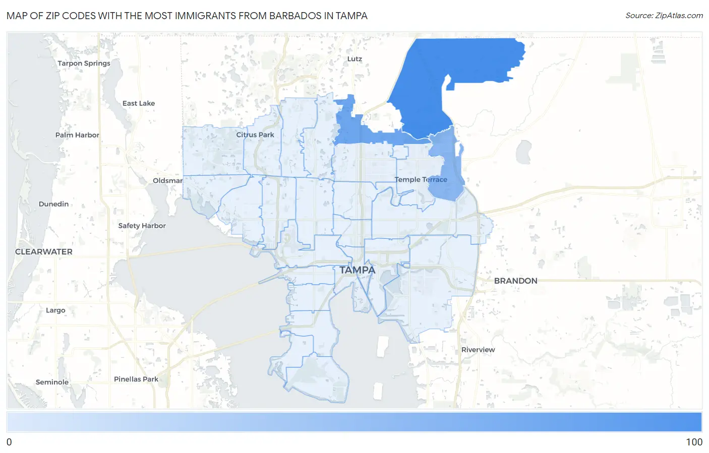 Zip Codes with the Most Immigrants from Barbados in Tampa Map
