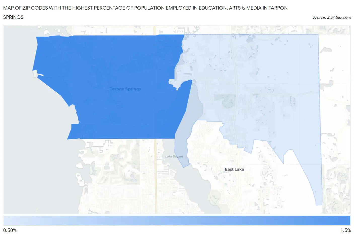 Zip Codes with the Highest Percentage of Population Employed in Education, Arts & Media in Tarpon Springs Map