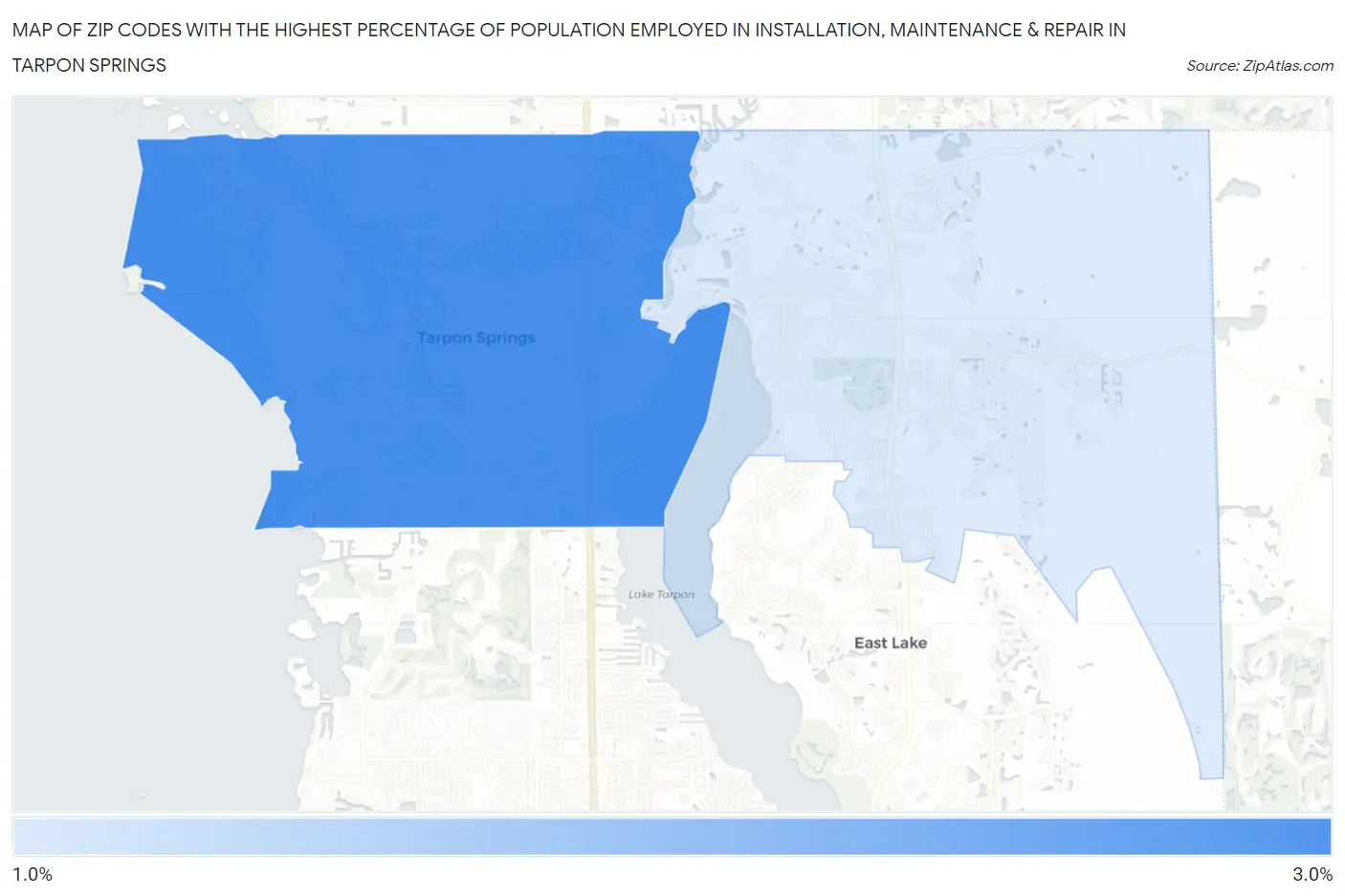 Zip Codes with the Highest Percentage of Population Employed in Installation, Maintenance & Repair in Tarpon Springs Map