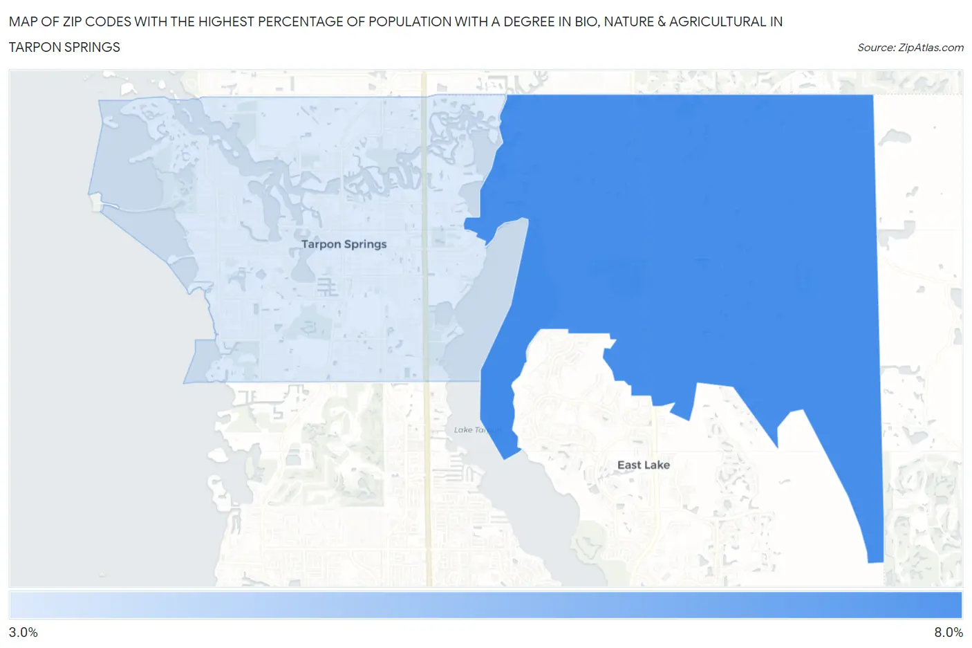 Zip Codes with the Highest Percentage of Population with a Degree in Bio, Nature & Agricultural in Tarpon Springs Map
