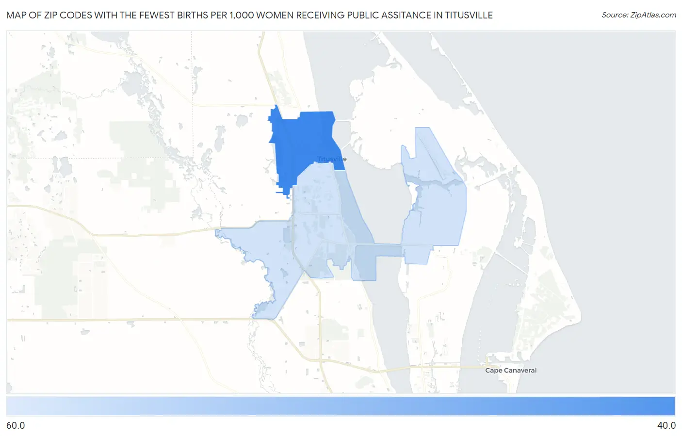 Zip Codes with the Fewest Births per 1,000 Women Receiving Public Assitance in Titusville Map