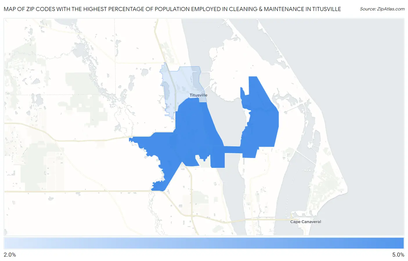 Zip Codes with the Highest Percentage of Population Employed in Cleaning & Maintenance in Titusville Map