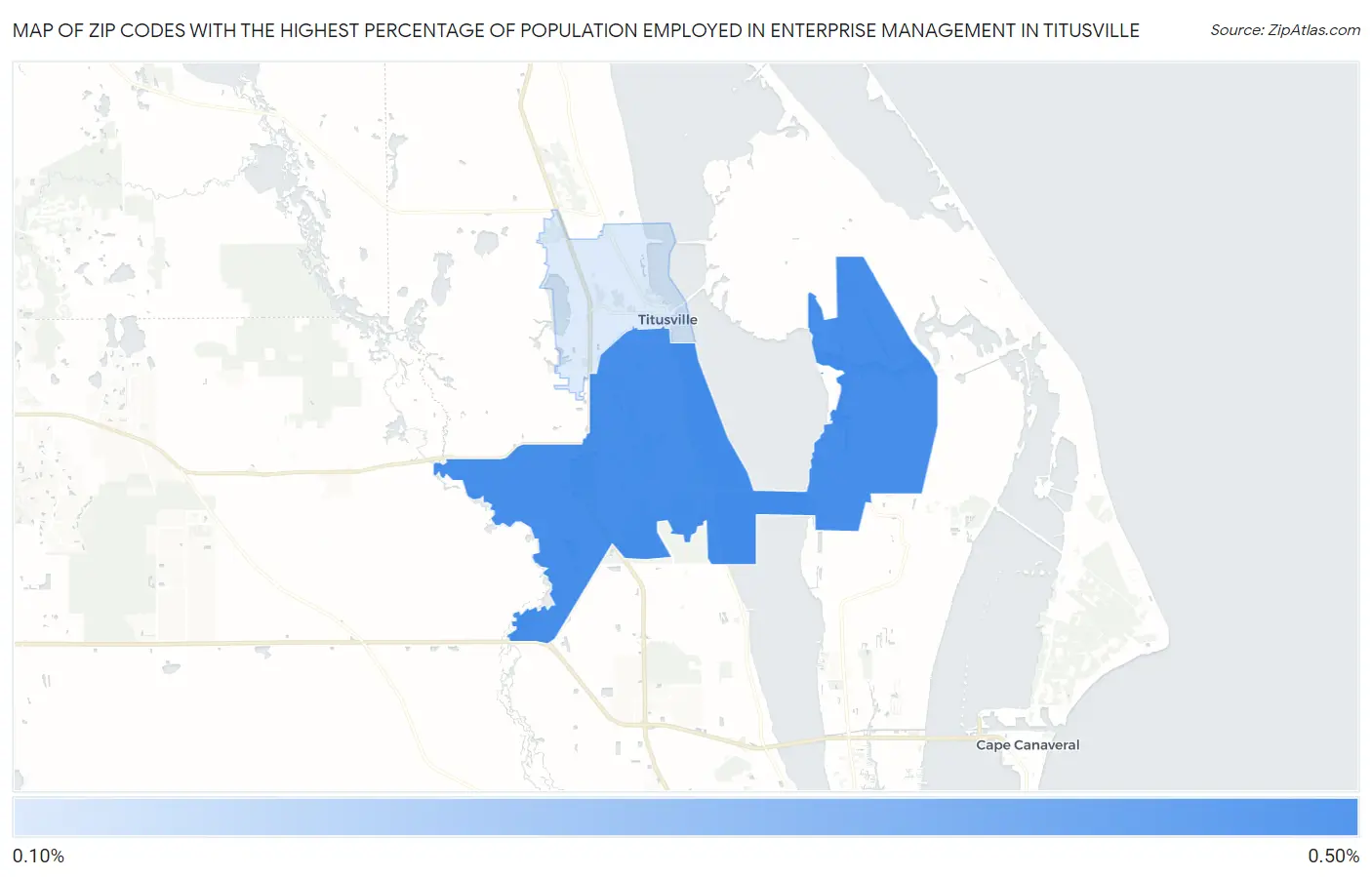 Zip Codes with the Highest Percentage of Population Employed in Enterprise Management in Titusville Map