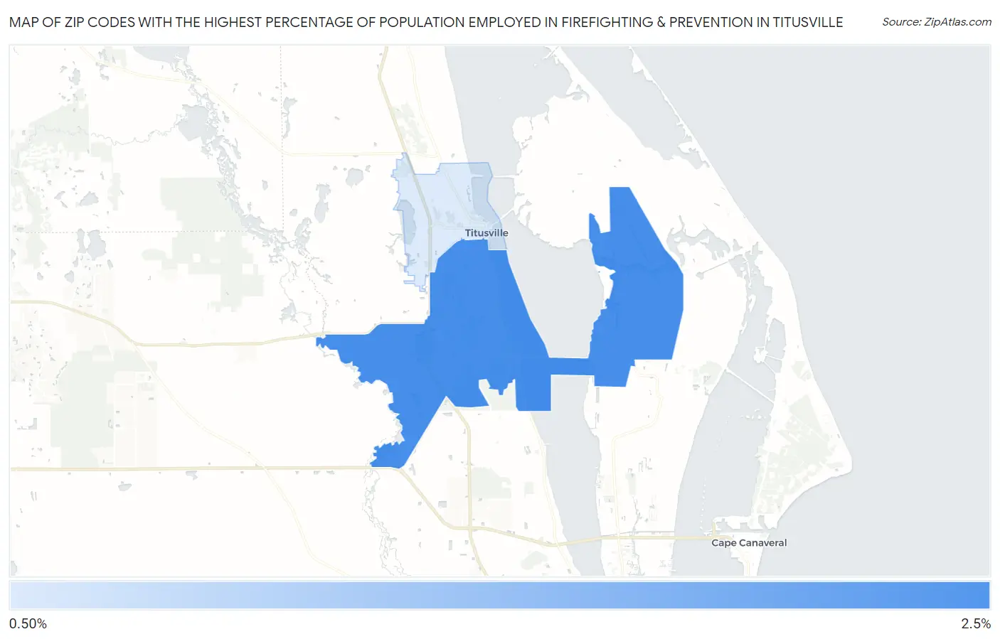 Zip Codes with the Highest Percentage of Population Employed in Firefighting & Prevention in Titusville Map