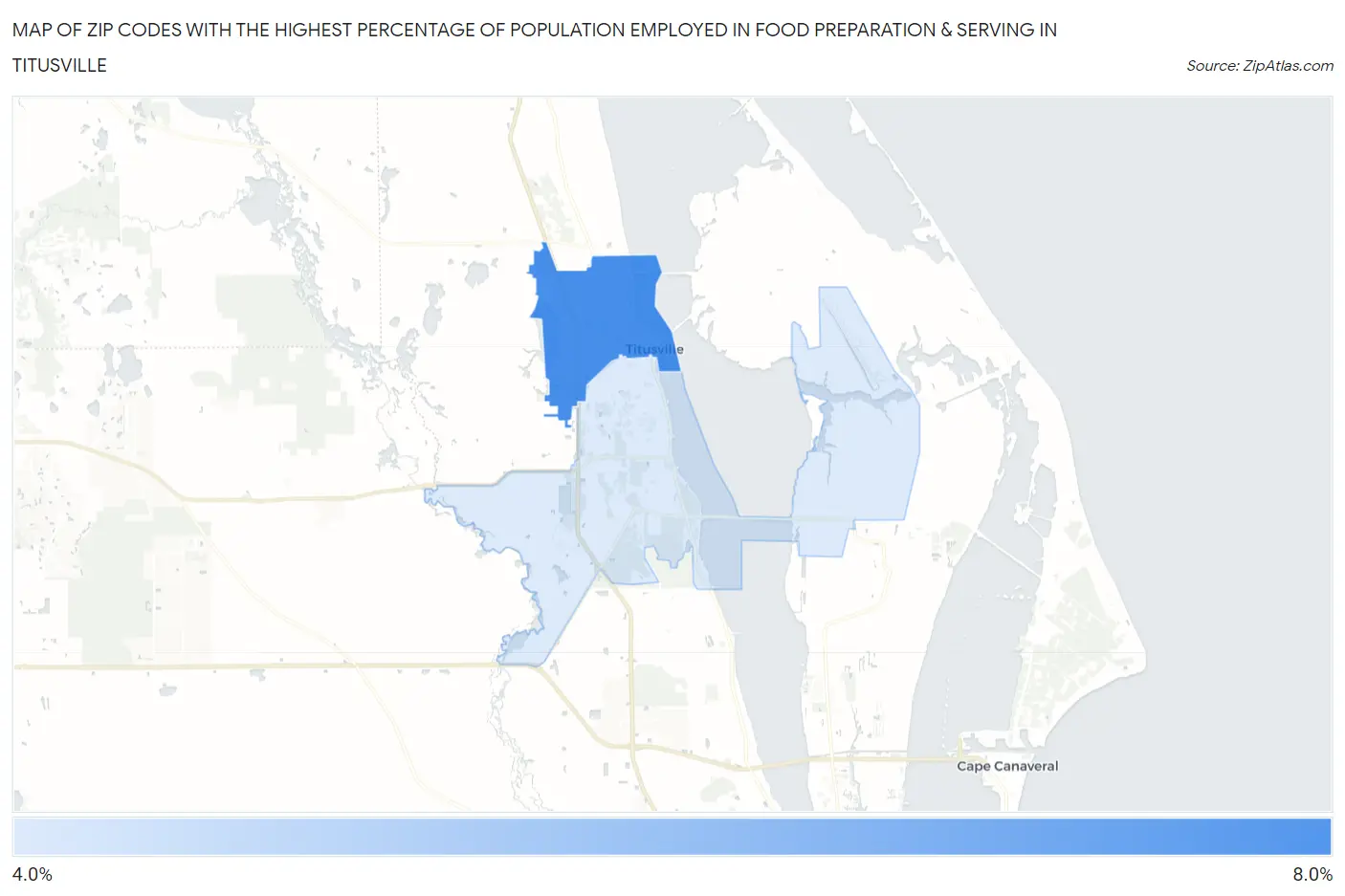 Zip Codes with the Highest Percentage of Population Employed in Food Preparation & Serving in Titusville Map