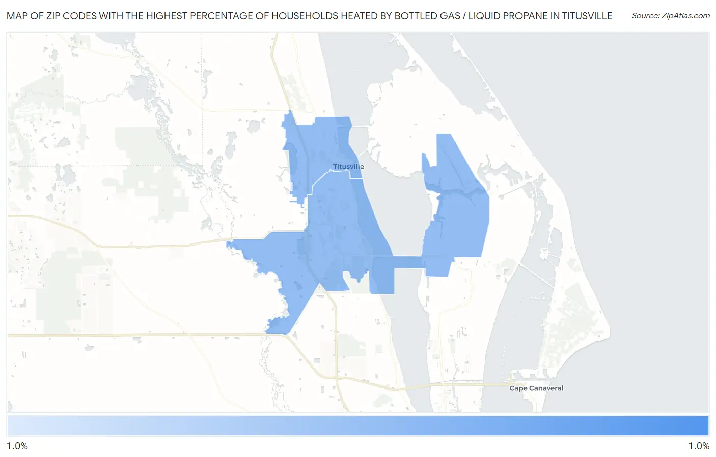 Zip Codes with the Highest Percentage of Households Heated by Bottled Gas / Liquid Propane in Titusville Map