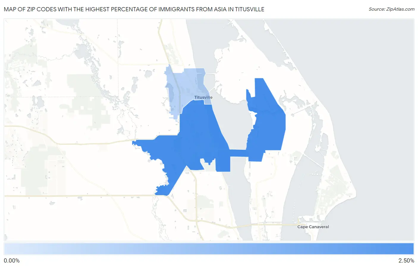 Zip Codes with the Highest Percentage of Immigrants from Asia in Titusville Map